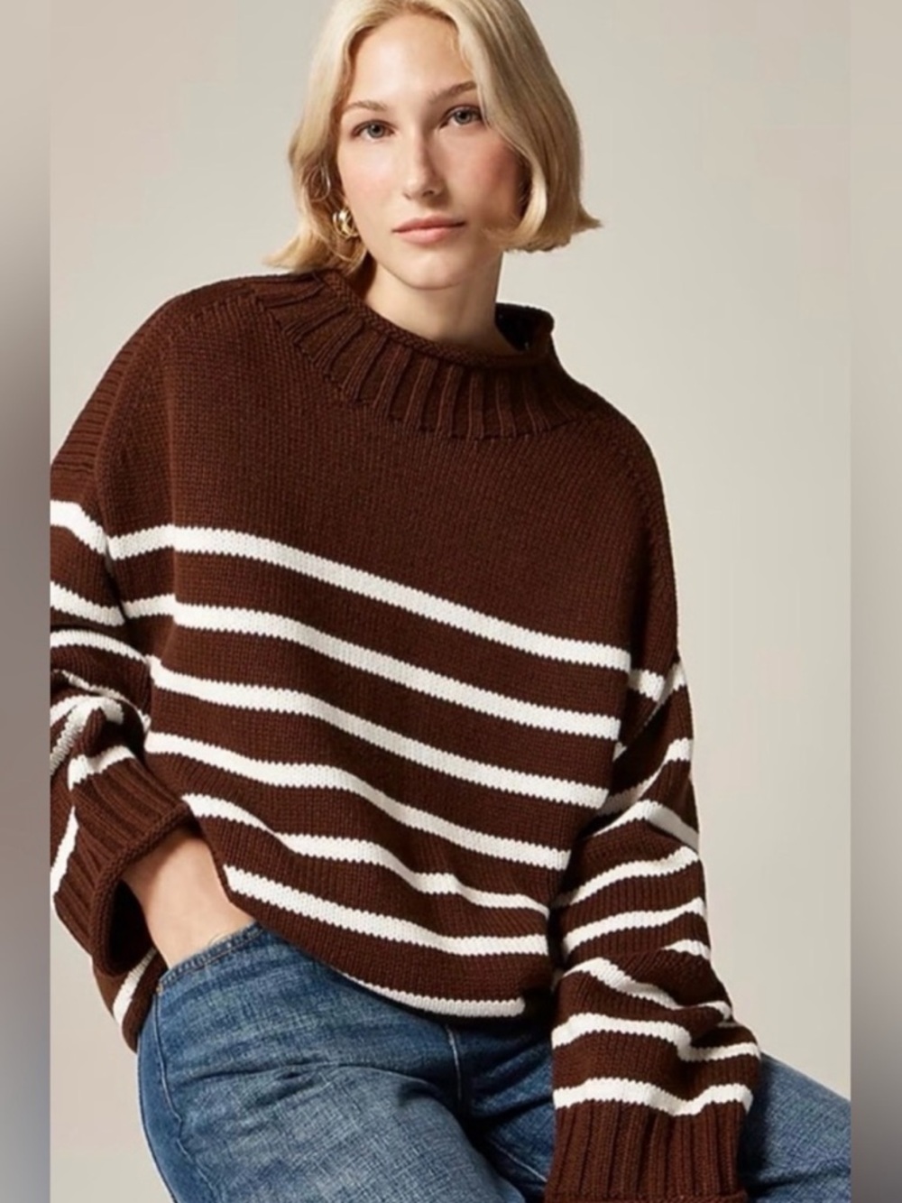 J. Crew 2025 Rollneck Sweater in Stripe - Brown Ivory